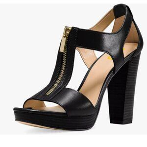 FSJ Black Peep Open Toe T-Strap Front Zipper Chunky Stacked High Heel Sandal